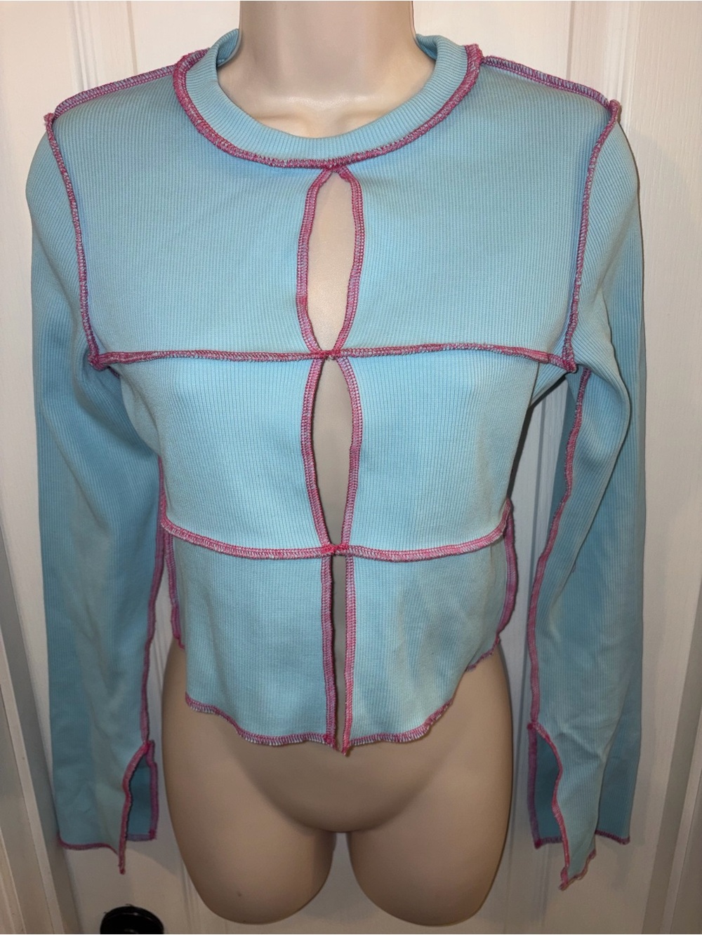 NWT The Ragged Priest Cutout Crop Top - Blue & Pink Contrast Stitch - Picture 3 of 10